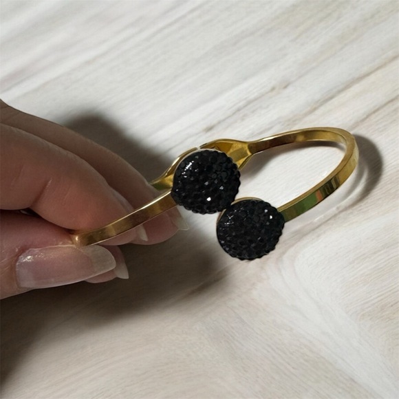 Jewelry - Gold Tone Bangle Bracelet with Black Pavé Discs